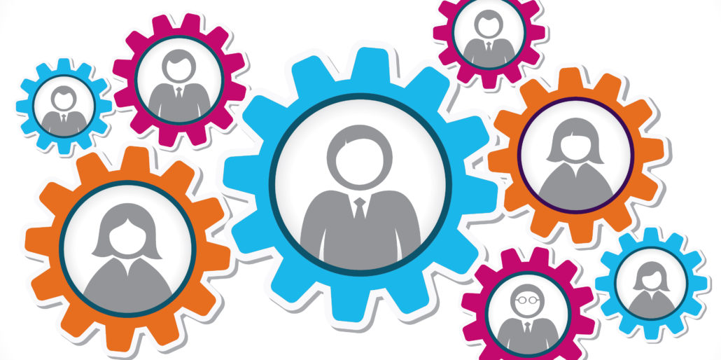 Icon illustration of team members in cogs