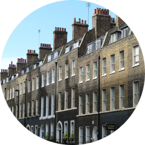 Line of townhouses in London street